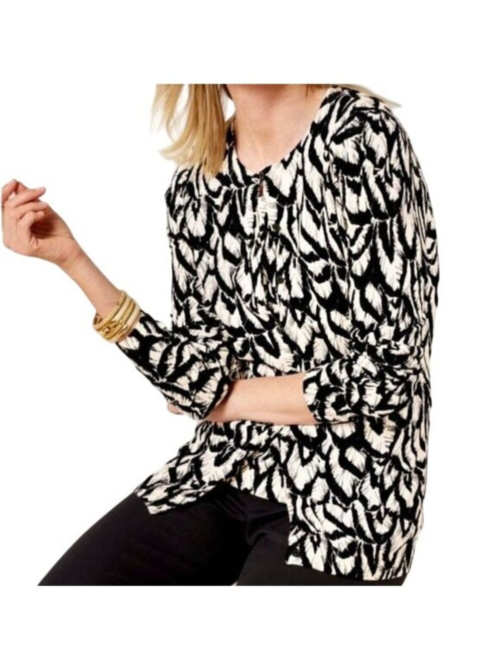 Talbots Charming Cardigan | Black & White Feather Print | Women’s Small